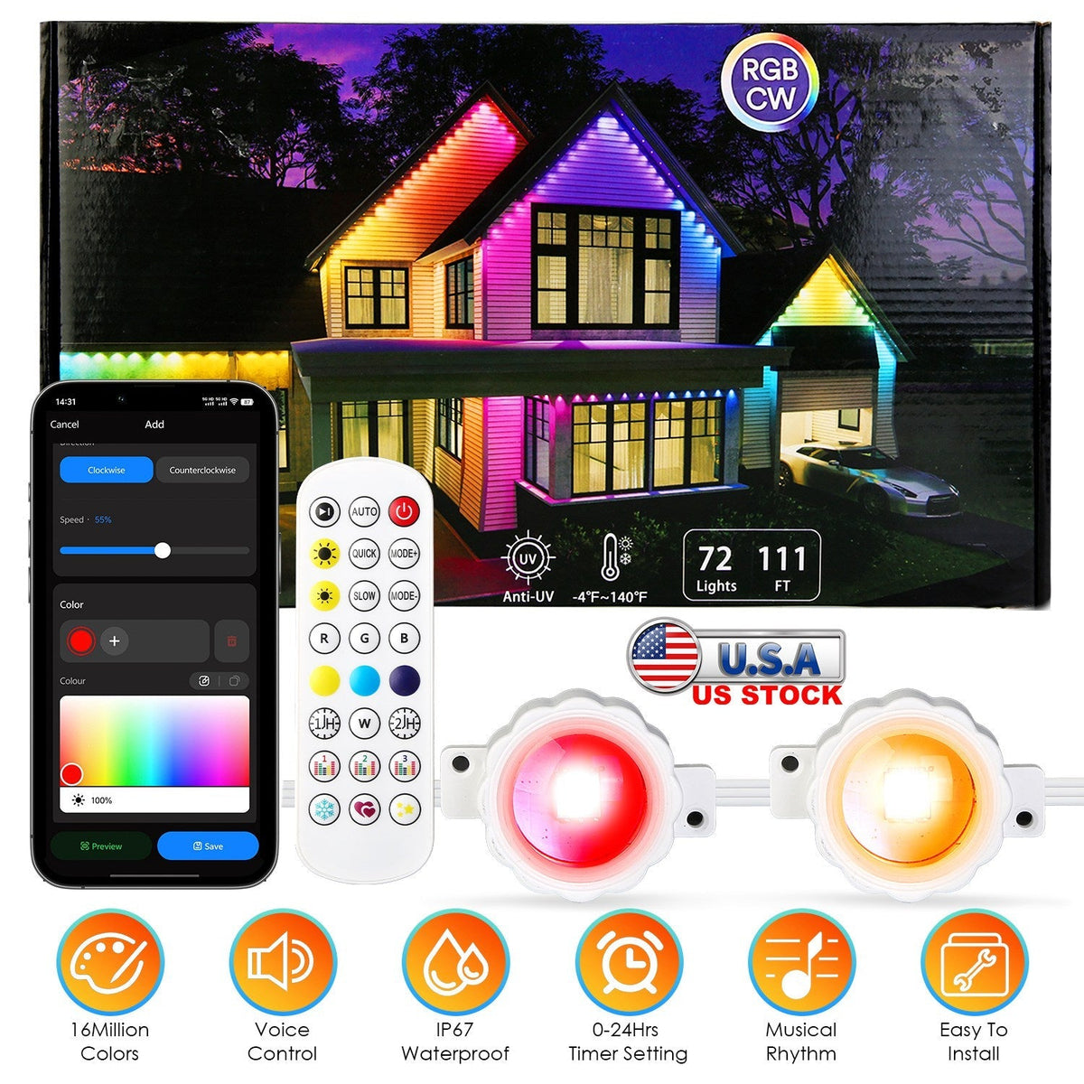 101FT Length Permanent Outdoor Lights With 72Pcs RGB Beads IP67 Waterproof Smart Eave Light For Halloween Christmas Daily House Lighting Works with Al