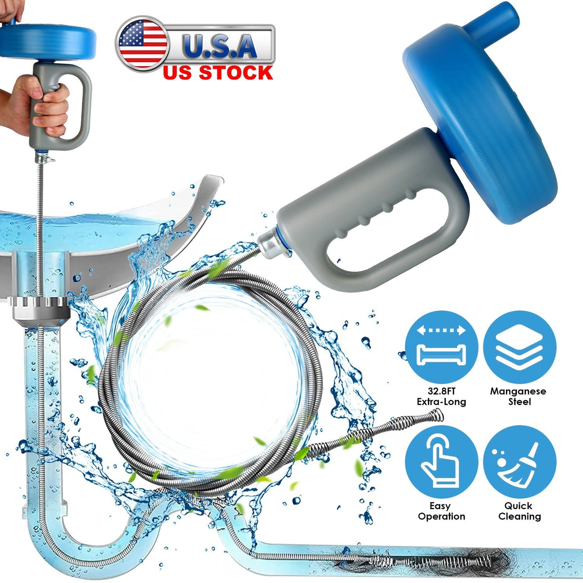 32.8FT Drain Snake Auger Plumbing Snake Hair Clog Remover For Sewer Sink Bathtub Shower Kitchen Bathroom Drain Clog Remover