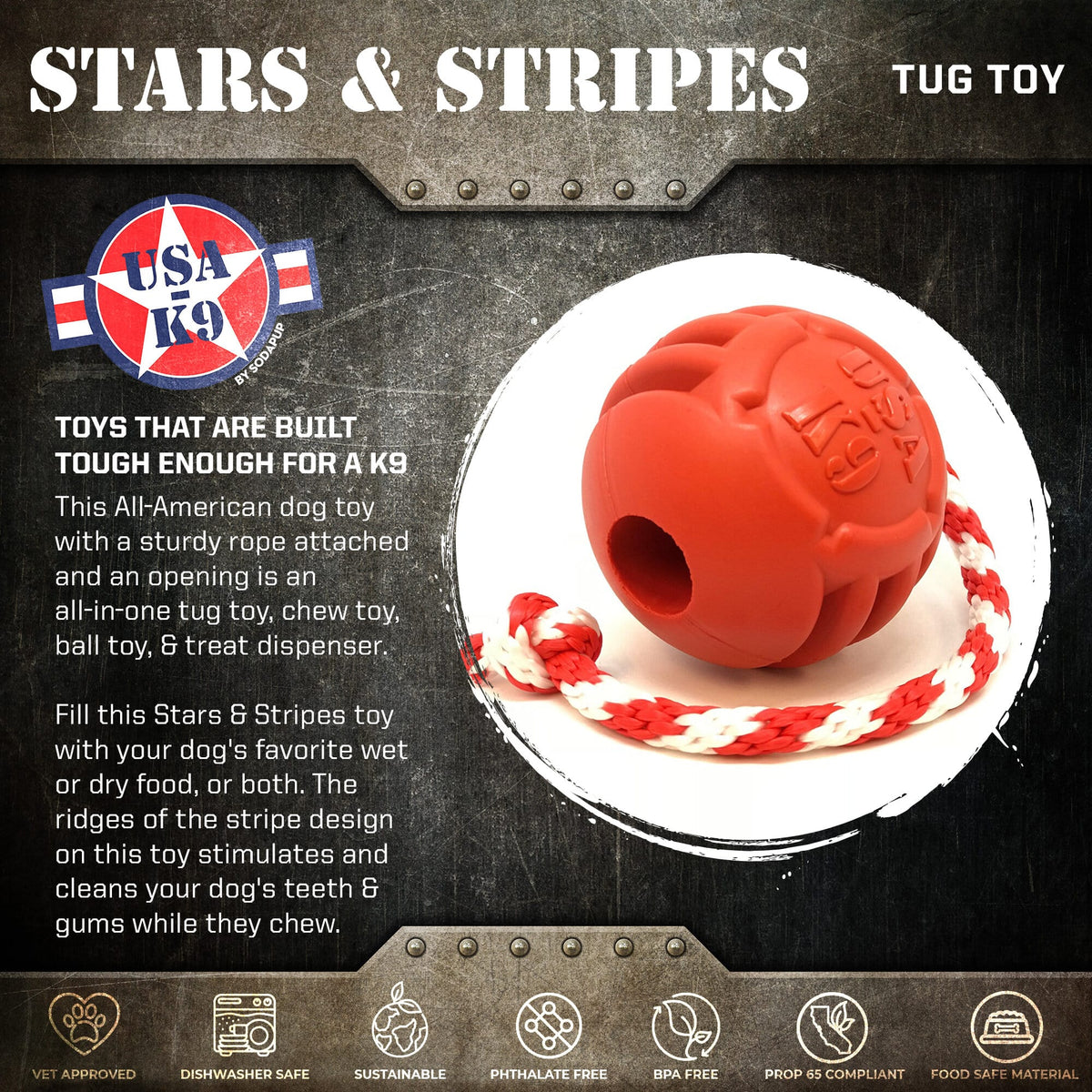 USA-K9 Stars and Stripes Rubber Dog Toy | K9 Handler Reward Toy | Red | USA Made