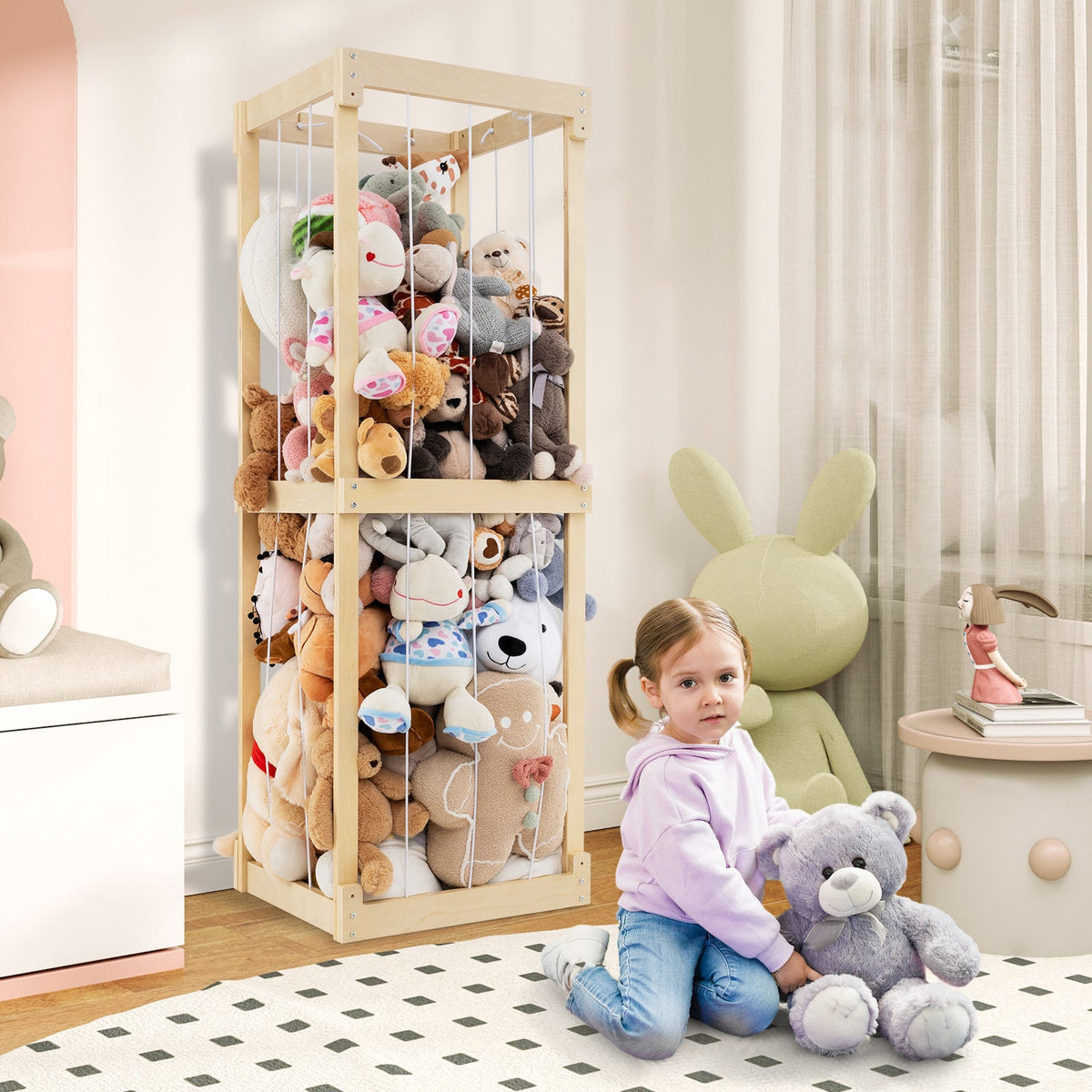 300L Large Stuffed Animal Storage with Open Top and Elastic Cords-Natural