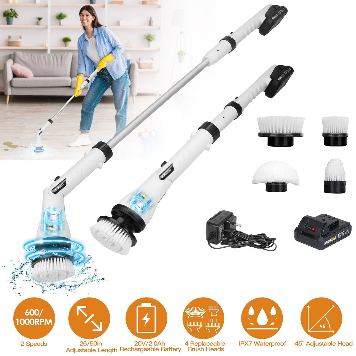 Electric Spin Scrubber Cordless Handheld Rechargeable Cleaning Brush with 4 Replaceable Heads 600/1000RPM Speeds 26/50in Length 20V/2.0Ah Battery for