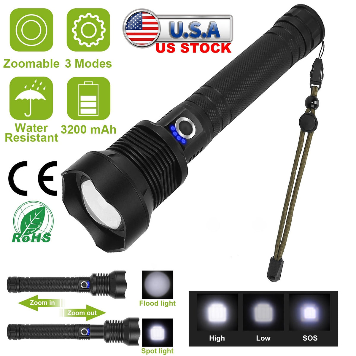 LED Tactical Flashlights 30000LM USB Rechargeable Flashlight Water-Resistant Zoomable LED Torch w/ 3 Modes SOS 3200mAh Battery Handheld Flashlights fo