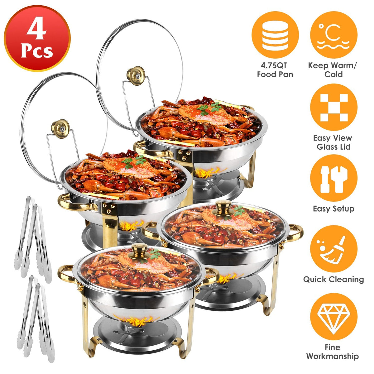 4Pcs Chafing Dish Buffet Set 4.76QT Round Buffet Servers Food Warmer Stainless Steel Catering Chafer with Glass Lid for Warming Cooling Gatherings Ban