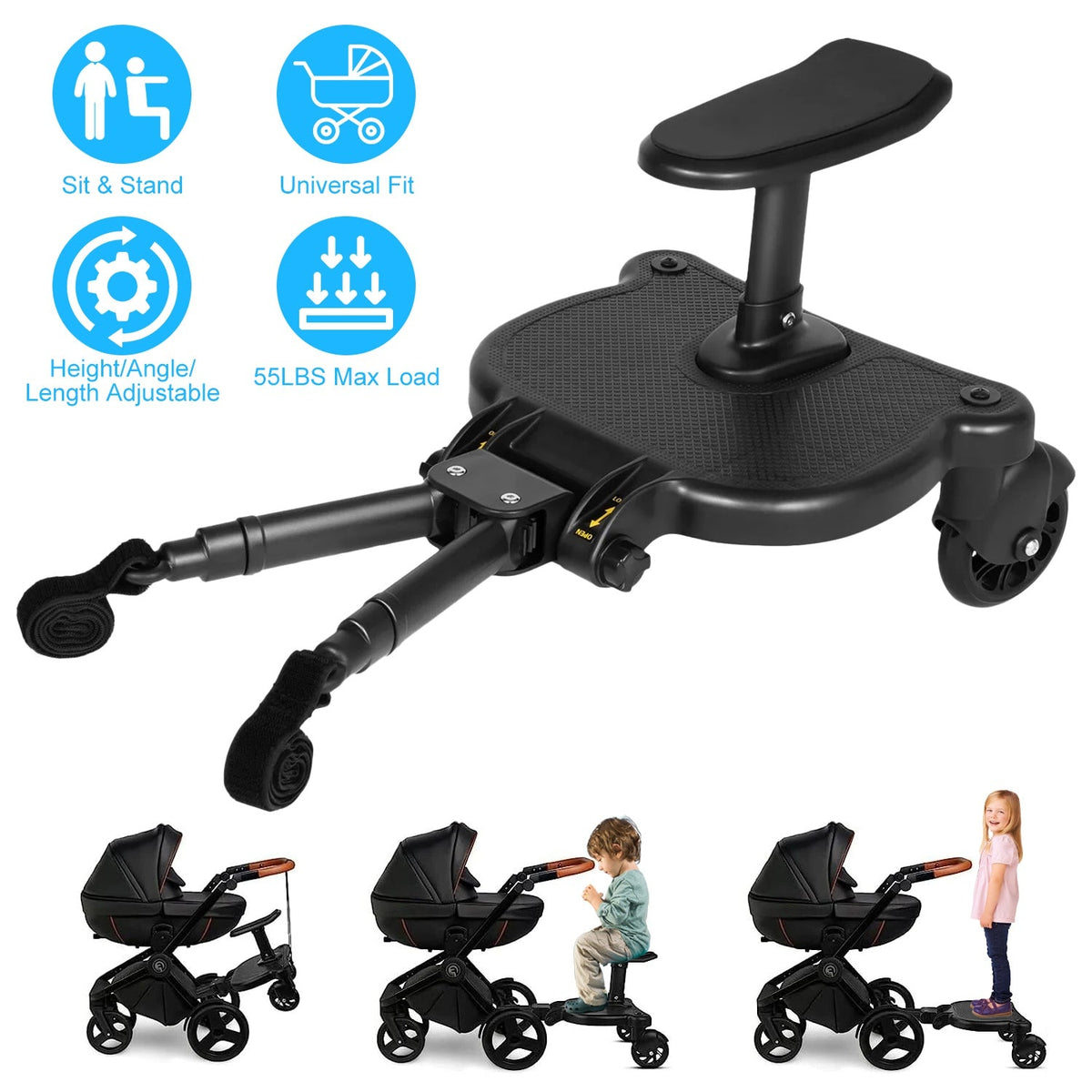 2 In 1 Universal Stroller Board Sit & Stand Buggy Wheeled Board Toddler Stroller Attachment with Detachable Seat for 3-7 Years Old