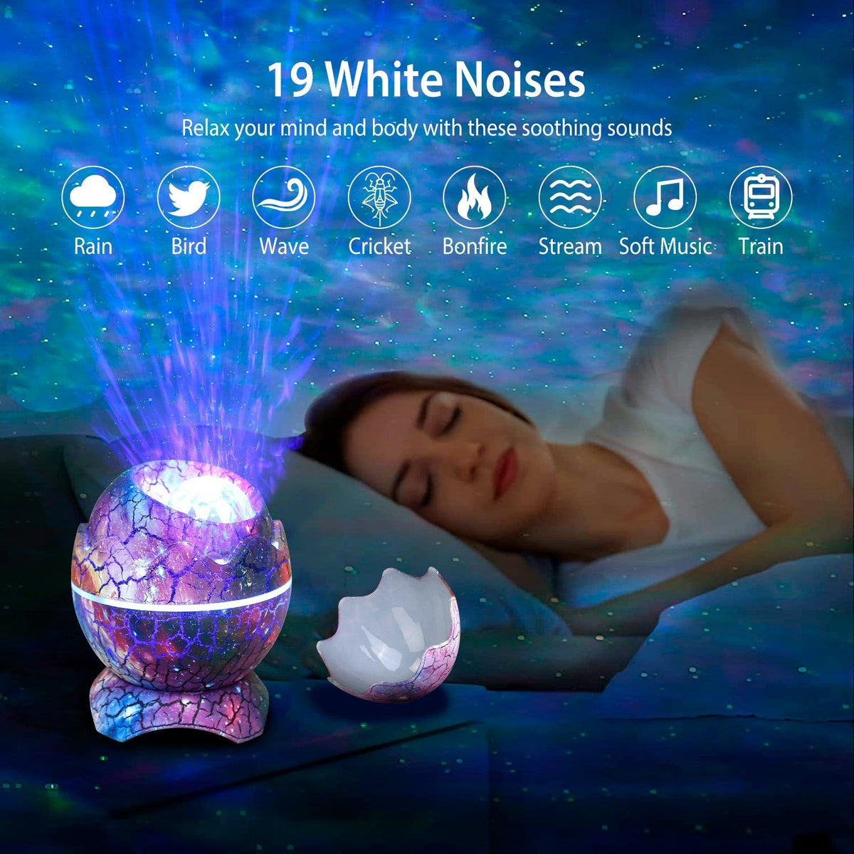 Star Projector Lamp Galaxy Light Dinosaur Egg Light Nebula Star Party Light Lamp with Wireless Speaker White Noise Remote Control