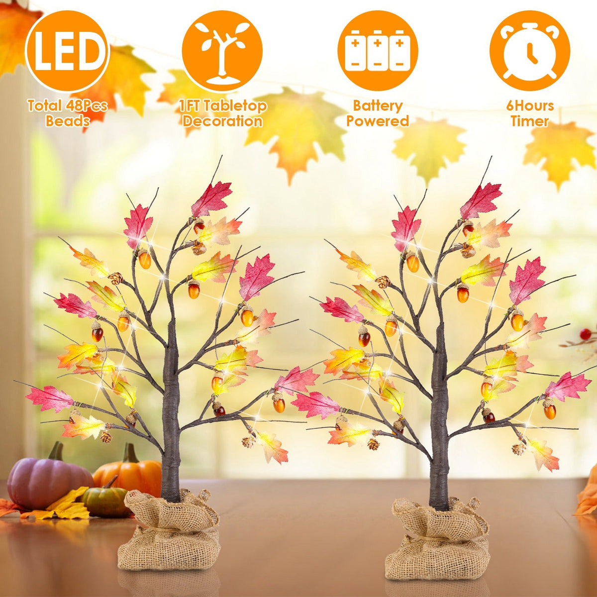 2Pcs 2FT Artificial Lighted Maple Tree With 24Pcs Warm White LED Beads 6Hrs Timer Battery Powered Artificial Fall Tree Tabletop Indoor Outdoor Fall De