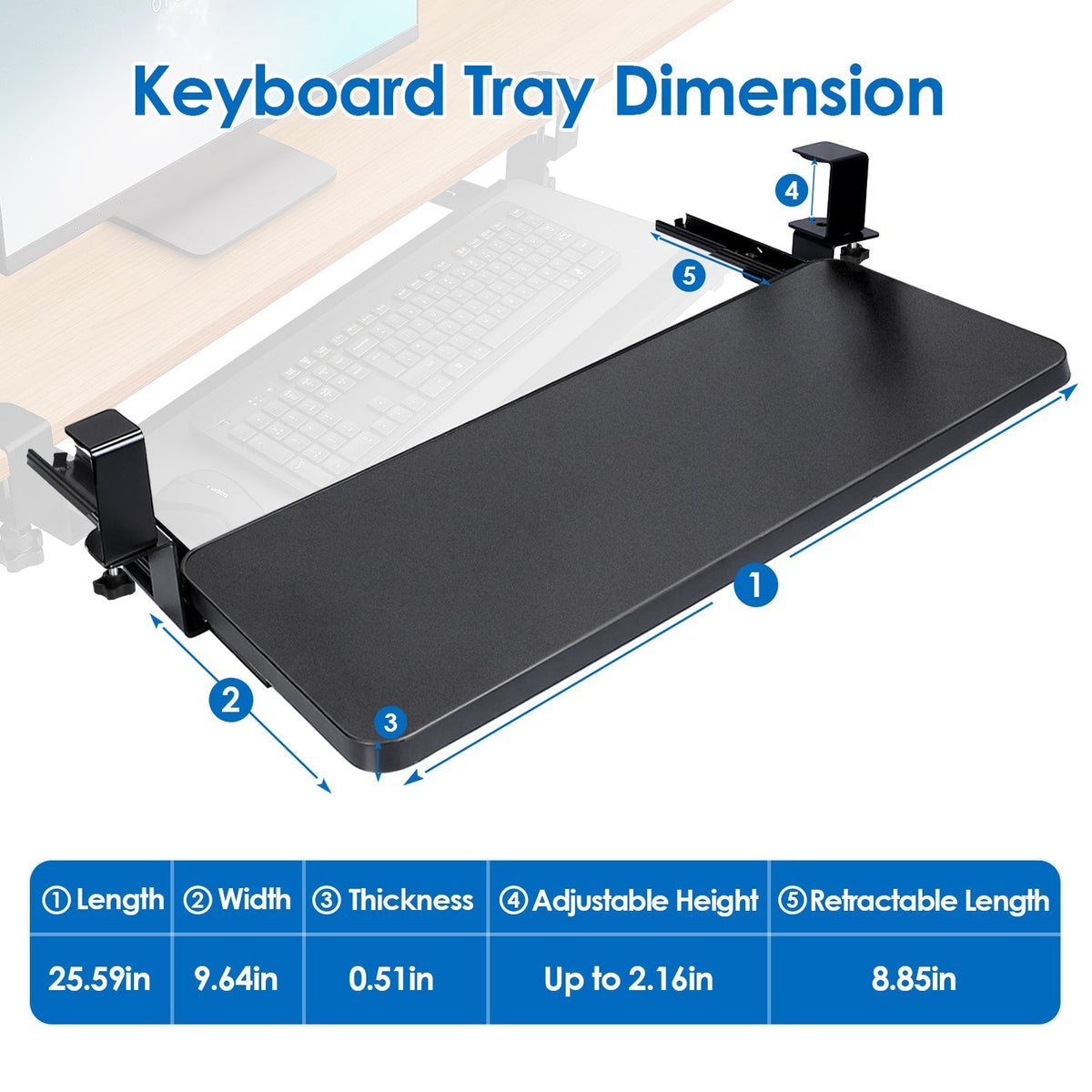 25.59x9.64x0.51in Keyboard Mouse Tray Under Desk Retractable Slide Out Drawer Height Adjustable with C Clamp 55LBS Load