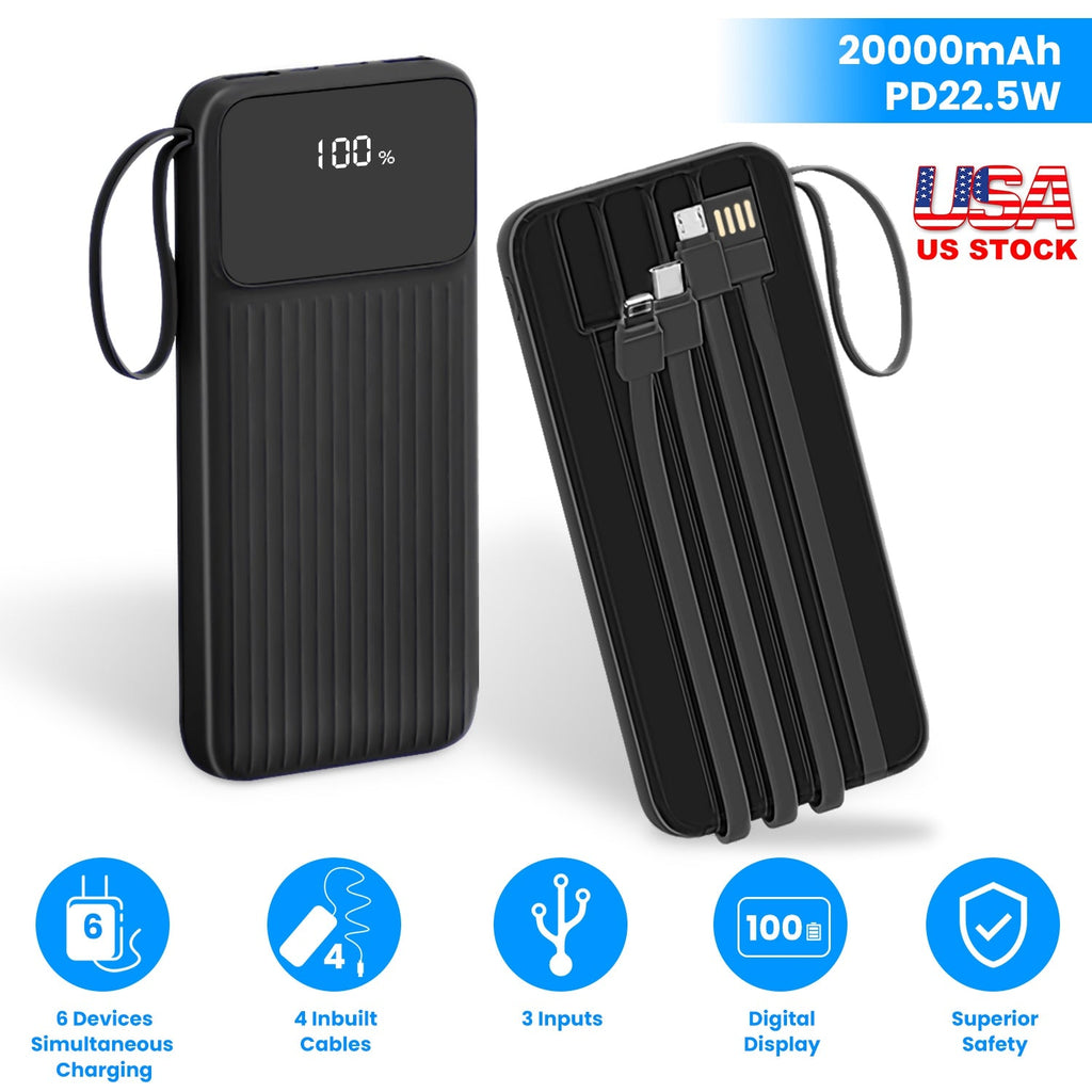 PD22.5W Fast Charger 20000mAh Fast Charging Power Bank Portable Charger with 4 Inbuilt Cables Digital Display Handle Fit For IOSPhone 15/14 Android An