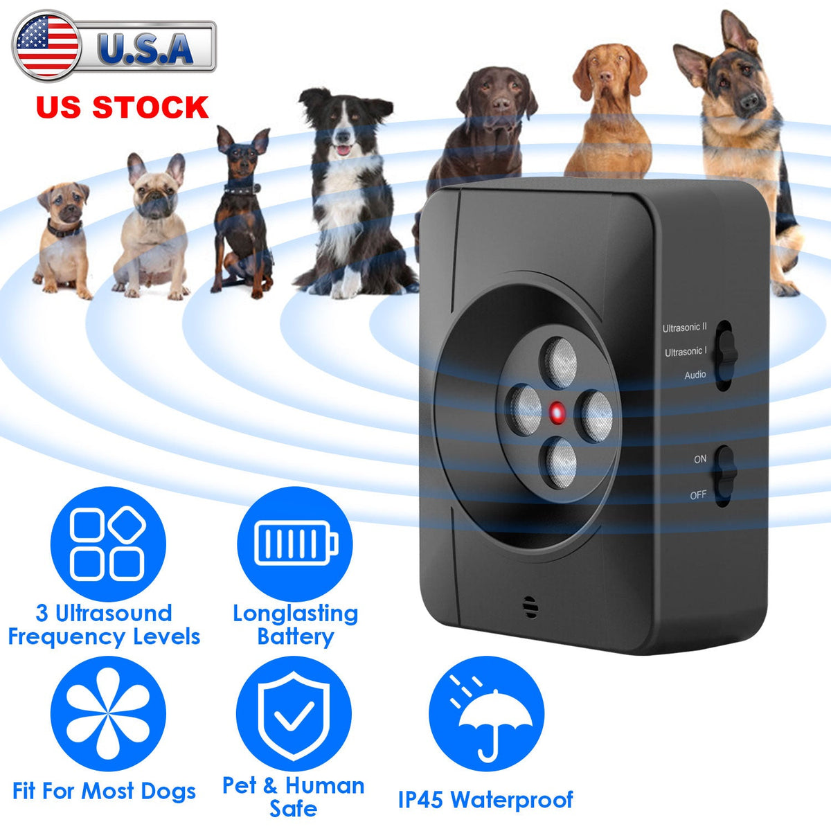 Ultrasonic Anti-barking Device Indoor Outdoor Dog Bark Control with 3 Frequency Levels Max 32.8Feet Sensing Distance for Most Dog Sizes