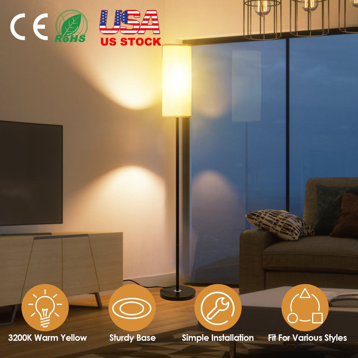 74.8in Tall Floor Lamp with Shade 3200K Warm Yellow Light Modern Standing Lamp Decorative Lamp with Foot Switch 6W Bulb for Bedroom Living Room