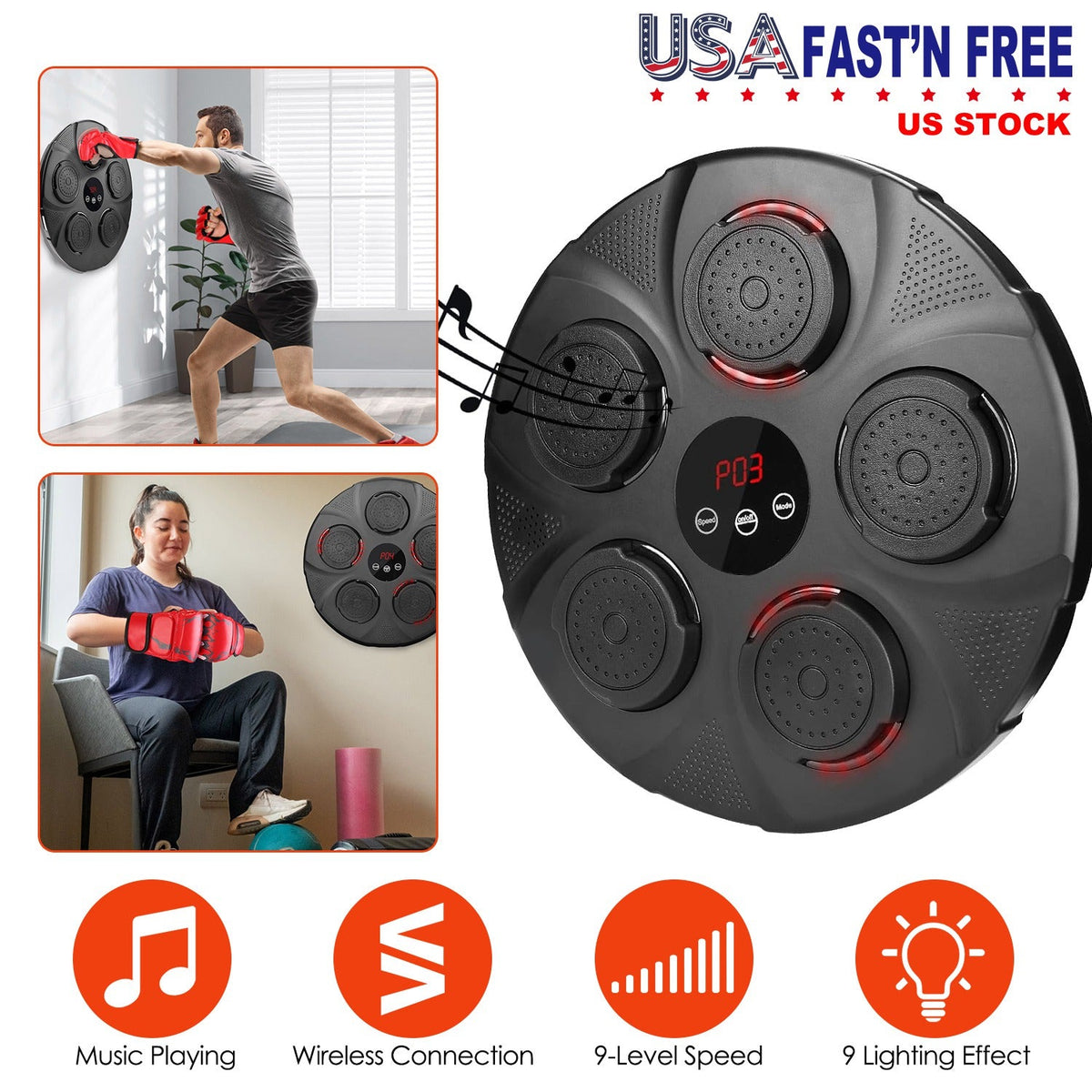 Music Boxing Machine Electronic Wall Target Punching Pad LED Lighted Sandbag Boxing Training Machine Exercise Equipment with Half Finger Adult Boxing
