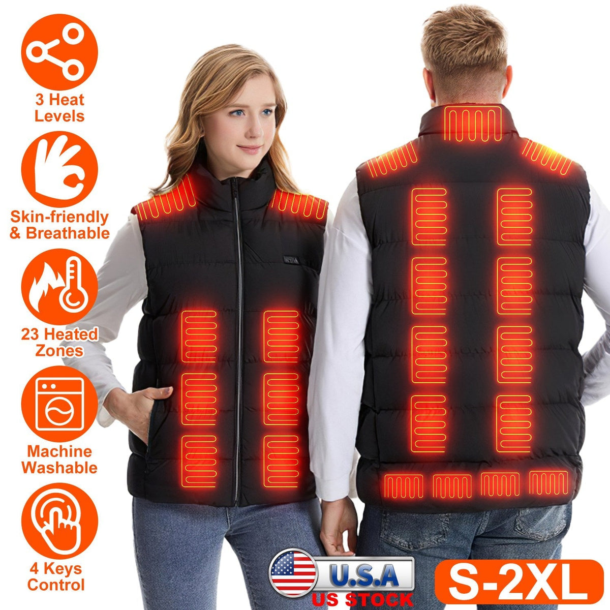 Heated Vest Men Women Heated Jacket with 23 Heating Zones 3 Heat Levels USB Powered Machine Washable for Winter Hiking Skiing Skating Outdoor Activiti