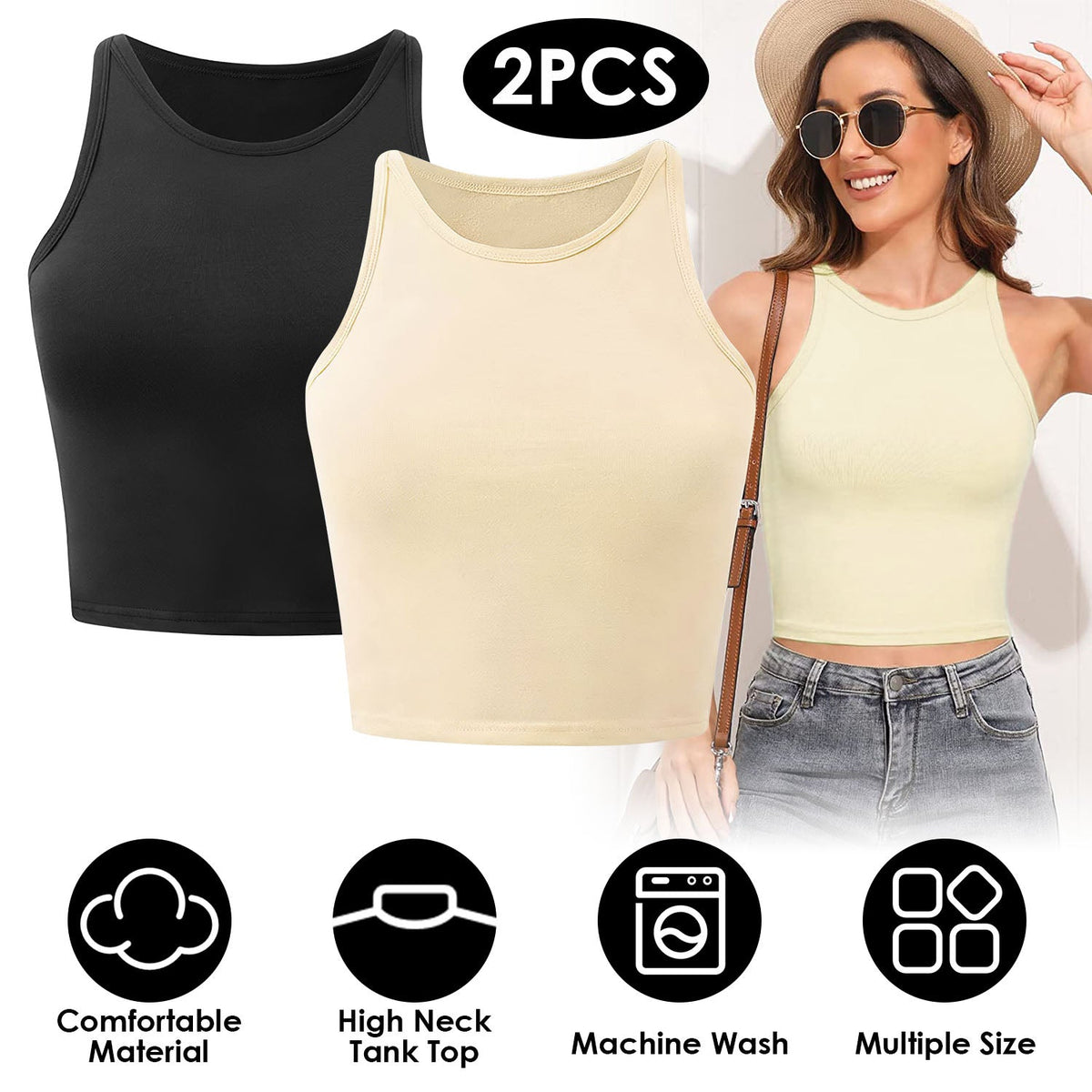 Women Sleeveless Cropped Tank Top High Neck Crop Racer Back Workout Top Machine Washable Summer S M L XL 2XL