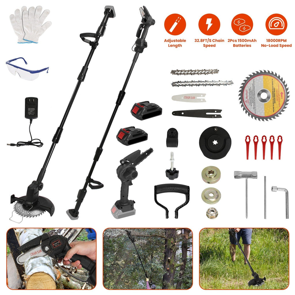 3-in-1 Cordless Electric Pole Saw & Mini Chainsaw & Grass Trimmer Kit with Adjustable Length 2Pcs 21V 1500mAh Batteries 4in/6in Chains Saw Blade 5Pcs
