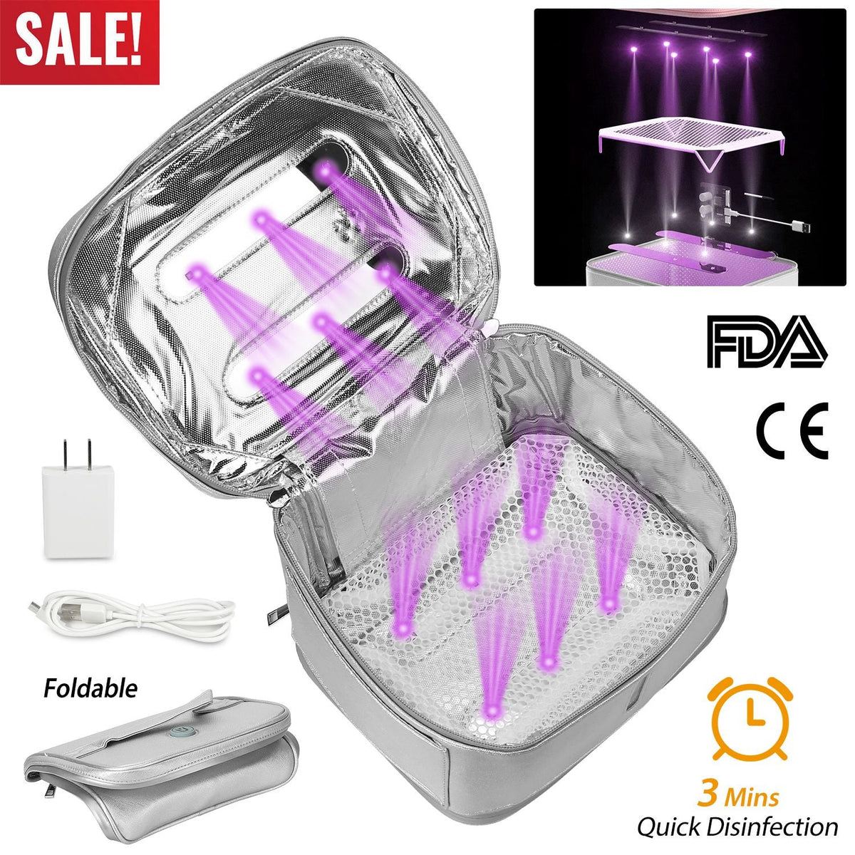 Foldable UV Disinfection Bag 20L/5.28Gal Portable LED UV Sanitizer Box USB-Powered Travel UV-C Cleaner Bag for Baby Bottles Toys Underwear Toothbrush