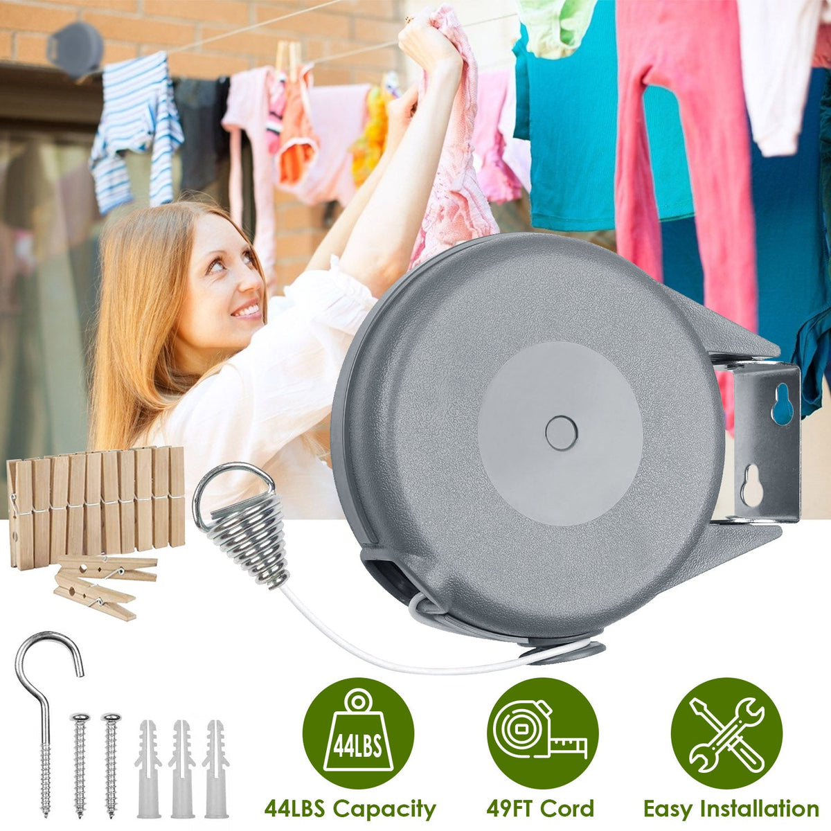 Retractable Clothesline Outdoor 49FT PVC Automatic Washing Dryer Cord Easy Hanging Rope For Wet Dry Clothes