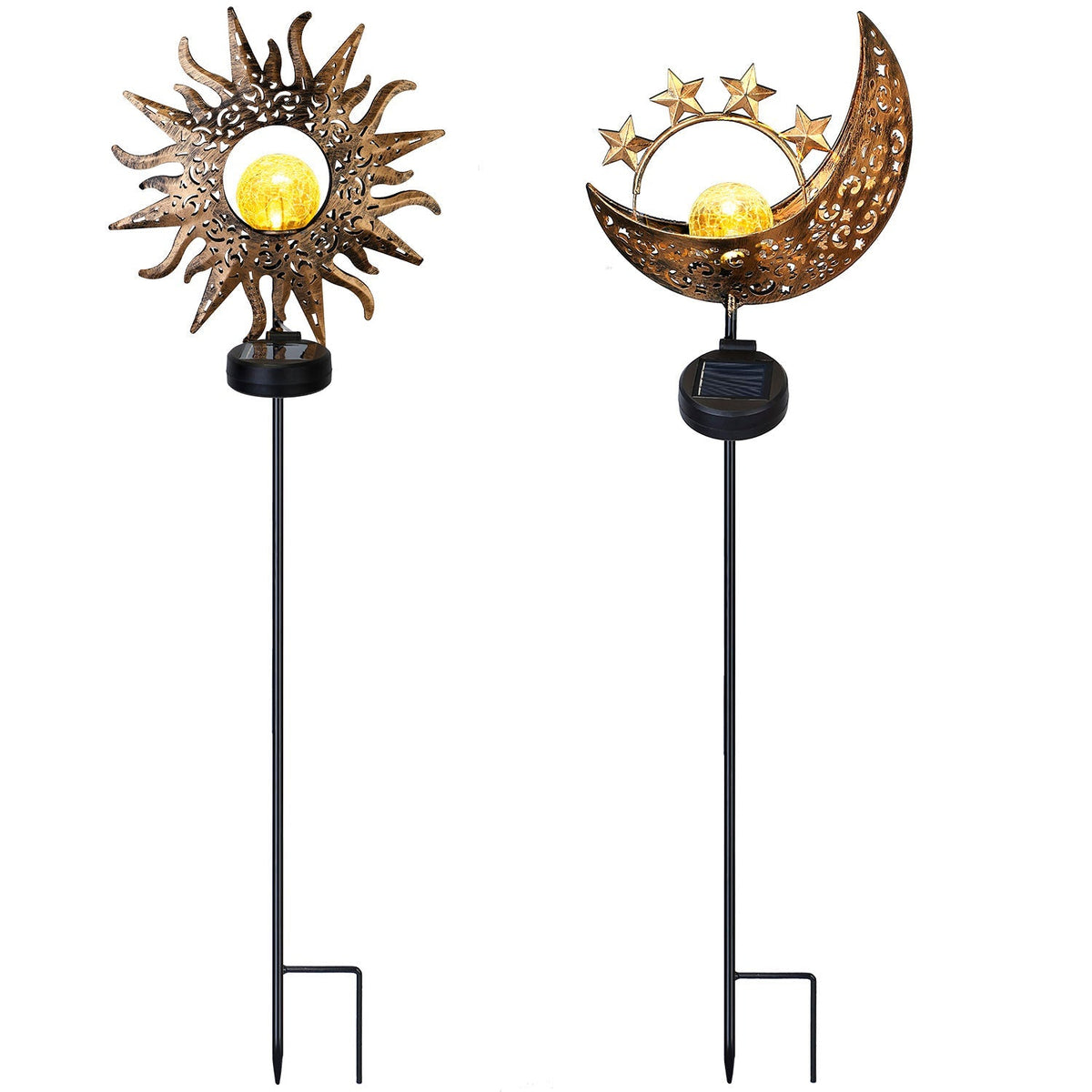Solar Powered Sun Stake Lamp IP54 Waterproof Decorative Lamp Crackle Glass Globe Stake Lights For Garden Lawn Yard Driveway