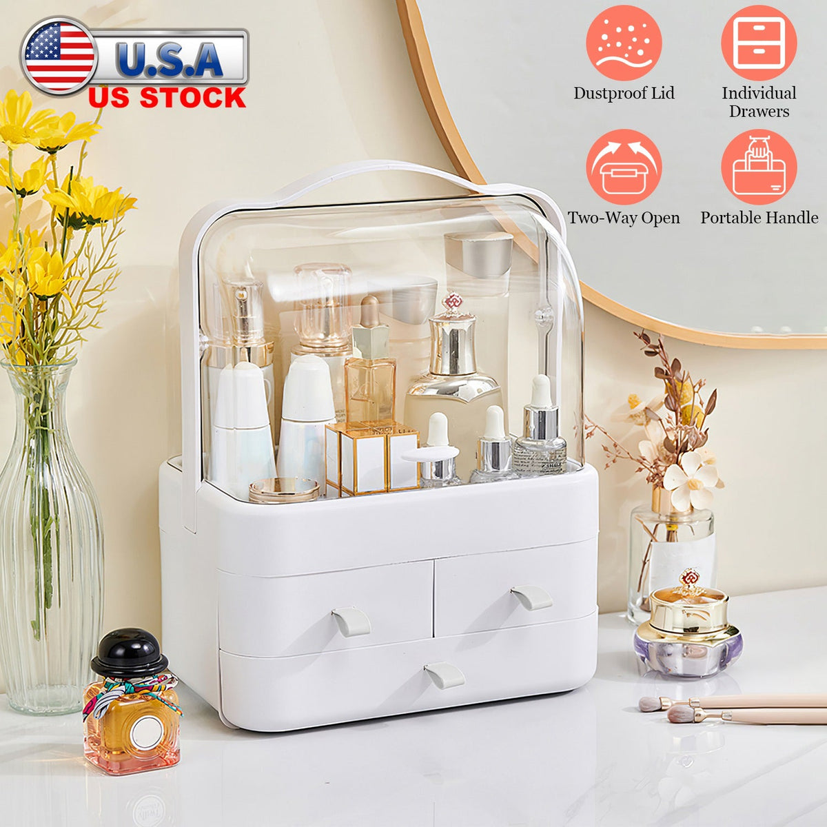 3 Tiers Makeup Organizer Cosmetic Storage Box with Dustproof Waterproof Lid Portable Handle Drawers Cosmetic Display Case for Bathroom Bedroom Dressin