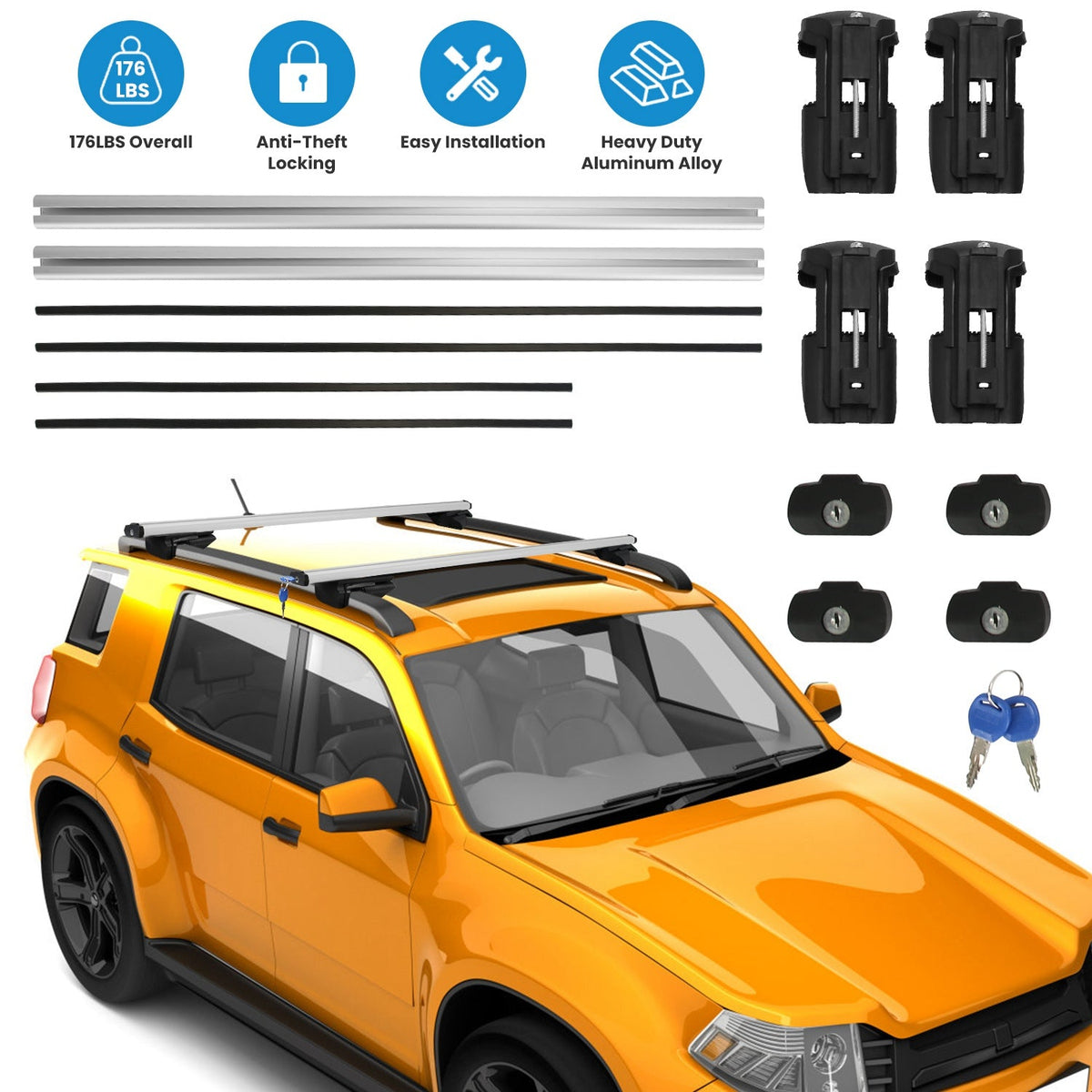 Car Roof Rack Cross Bars Aluminum Cargo Carrier Rooftop Crossbars Luggage Roof Rack Bar with 176lbs Max Load Fits Most Vehicles with Existing Raised S