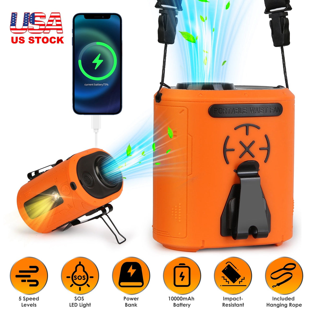 5 In 1 Portable Waist Clip Fan With 5 Speeds Flashlight 10000mAh Battery Operated Personal Wearable Turbo Belt Fan Hands-Free Neck Fan For Camping Tra
