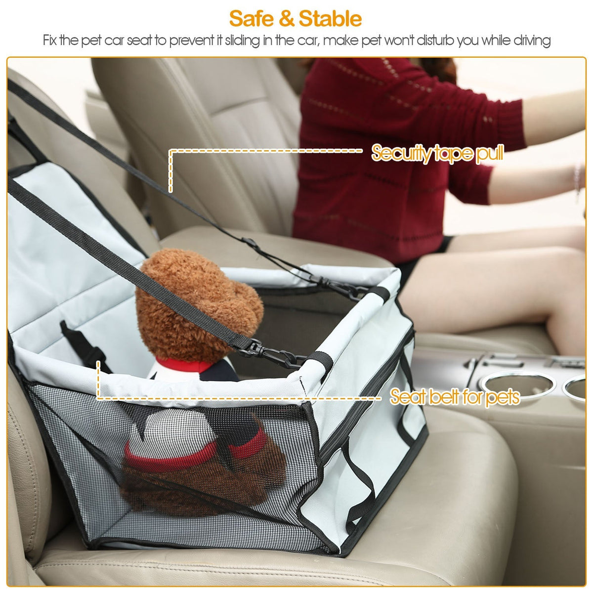 Dog Booster Car Seat Foldable Dog Booster Seat Pet Travel Carrier w/ Clip-on Safety Leash Zipper Storage Pocket for Small Medium Pets Up to 20Lbs
