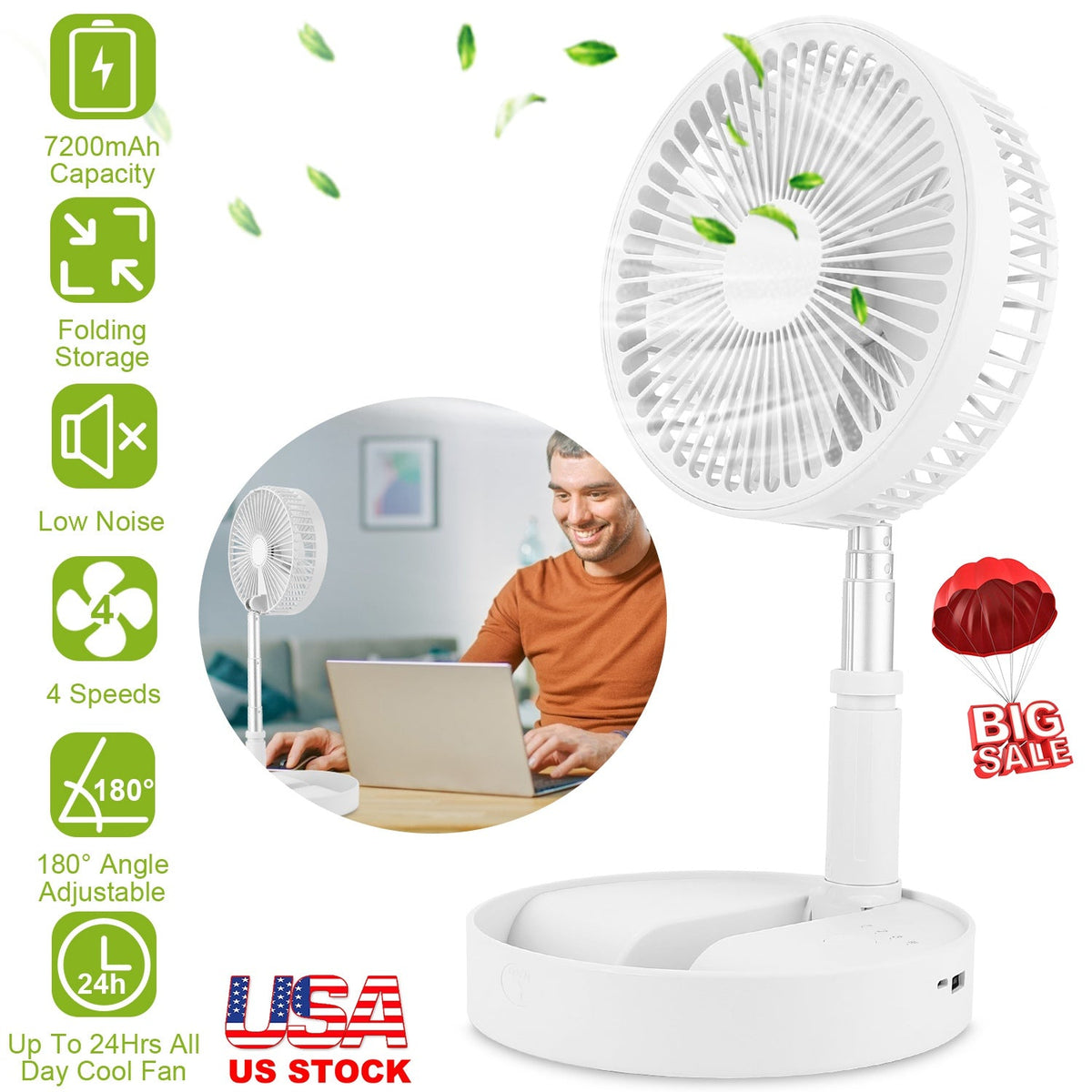 Portable Folding Desk Table Fan Quiet USB Rechargeable Telescopic Standing Floor Fan w/ 4 Speeds Adjustable Height 180¡ Tilting Angle For Office Home