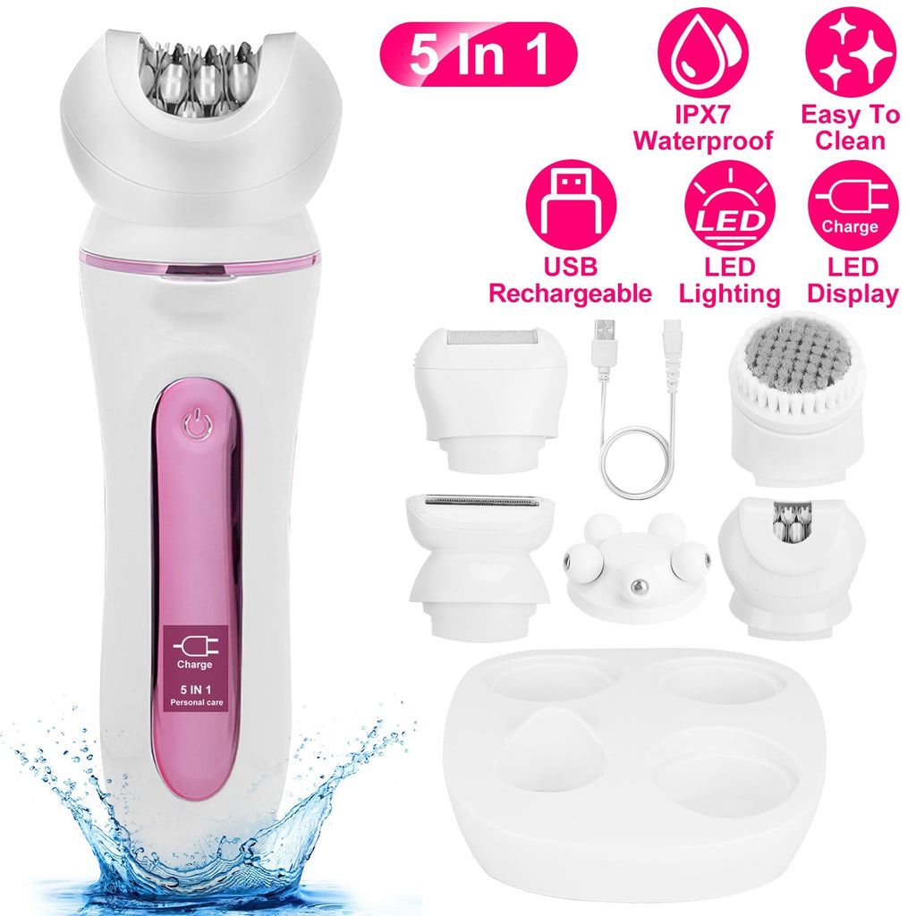 5 In 1 Electric Body Epilator Rechargeable Women\'s Grooming Kit Epilator Shaver Facial Brush Callus Remover 5-Point Massager with LED Light LED Displ