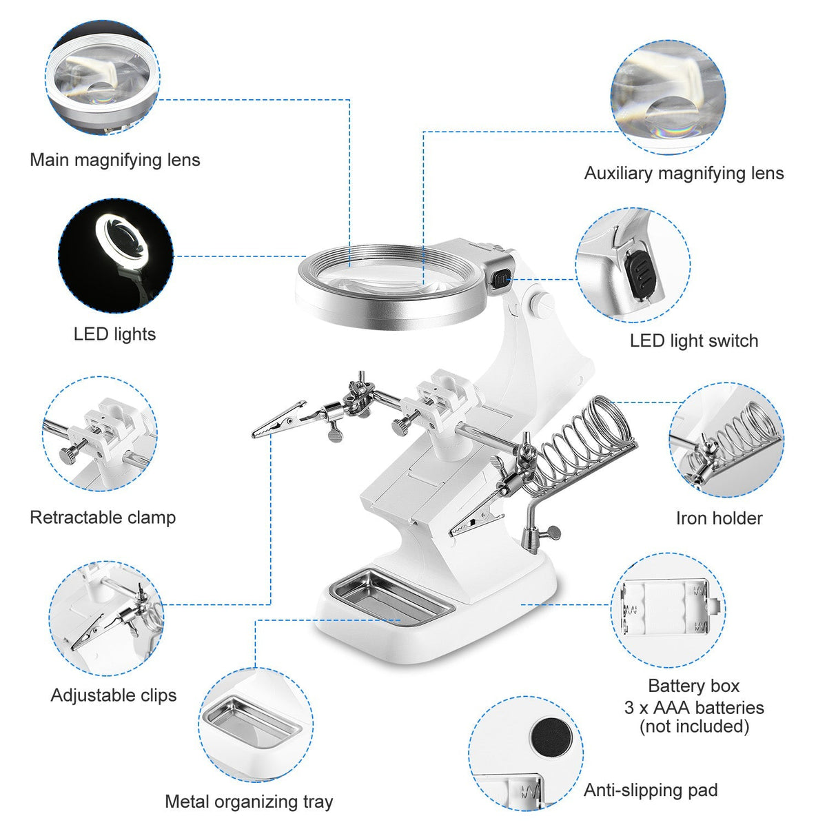 LED Light Helping Hands Magnifying Glass 3X/4.5X w/ 360¡Adjust Third Hand Soldering Vise