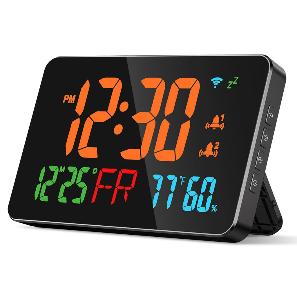 WiFi Auto Set Alarm Clock LED Digital Clock With 2 Alarm Setting Snooze 4 Brightness Levels Auto Light Sensing Temperature Humidify Monitor App Contro