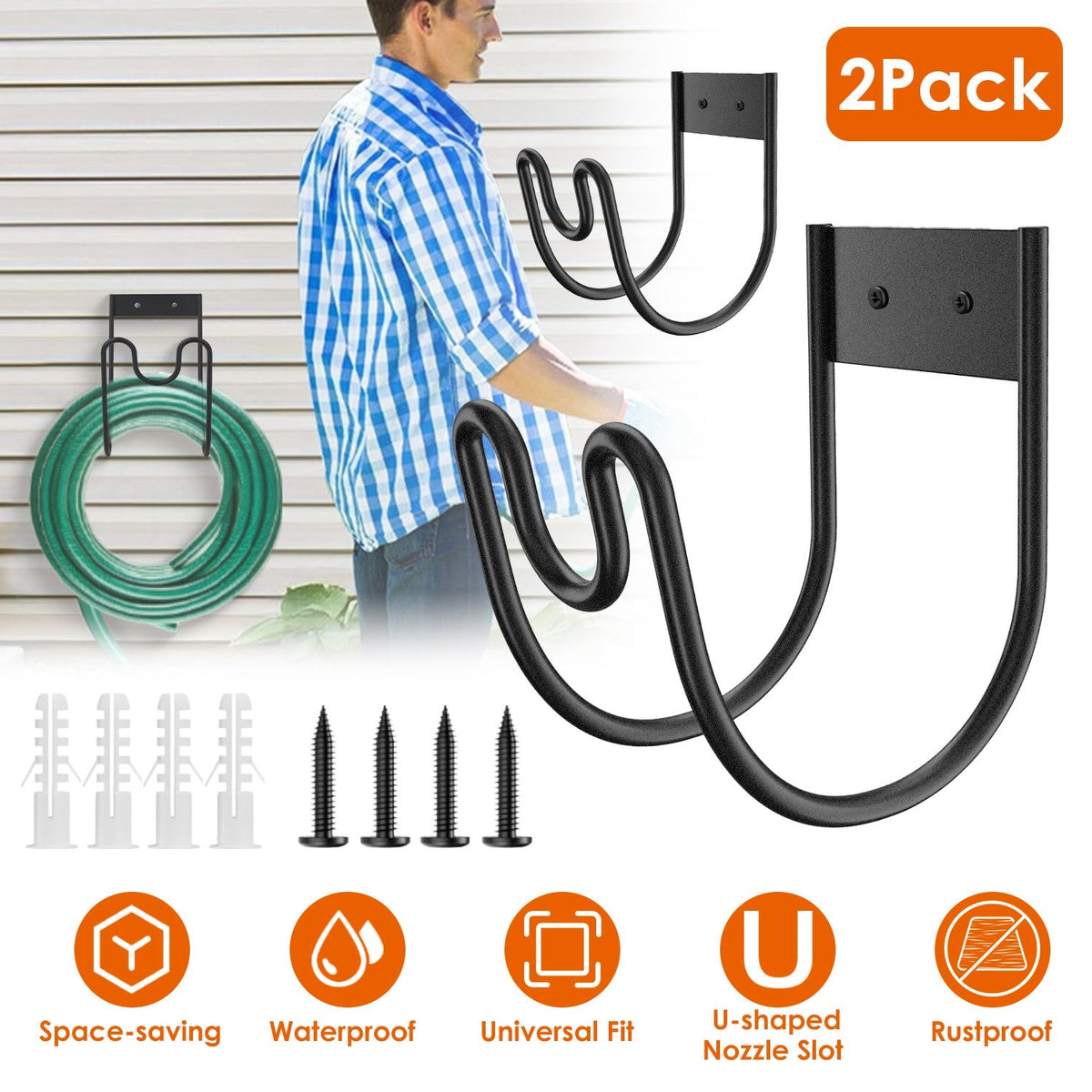 2Pack Heavy Duty Garden Hose Holder Stainless Steel Hose Hook Metal Hose Rack Reel Organizer for Water Hose Extension Cords