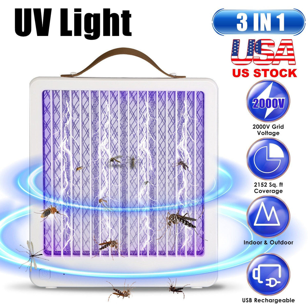 LED Bug Zapper Indoor Outdoor Mosquito Lamp Insect Killer with Handle for Kitchen Bedroom Office Cover 2152 Square Feet