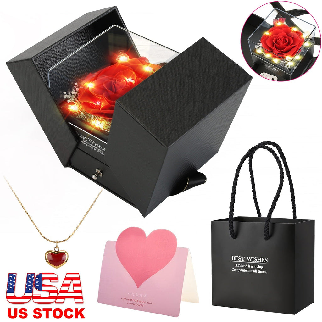 Preserved Red Real Rose with Heart Necklace Eternal Flowers Rose with Golden Necklace Gifts for Women Mom Wife Girlfriend Grandma on Valentine Mother