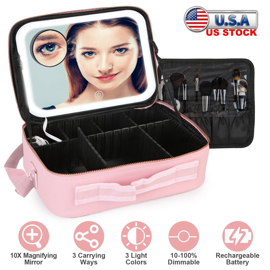 Travel Makeup Bag with LED Mirror Makeup Case Organizer with 3 Light Colors Adjustable Dividers Brush Holder Magnifying Mirror Shoulder Strap Luggage