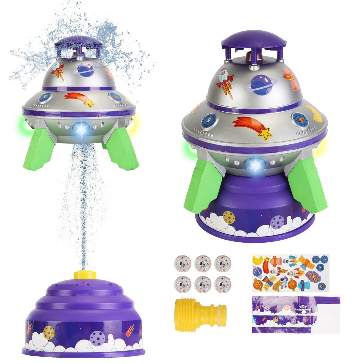 UFO Water Sprinkler Outdoor Summer Rocket Toy With Colorful LED Lights 360¡ Spinning 1.64FT To 6.56FT Adjustable Height Birthday Summer Gift For Girls