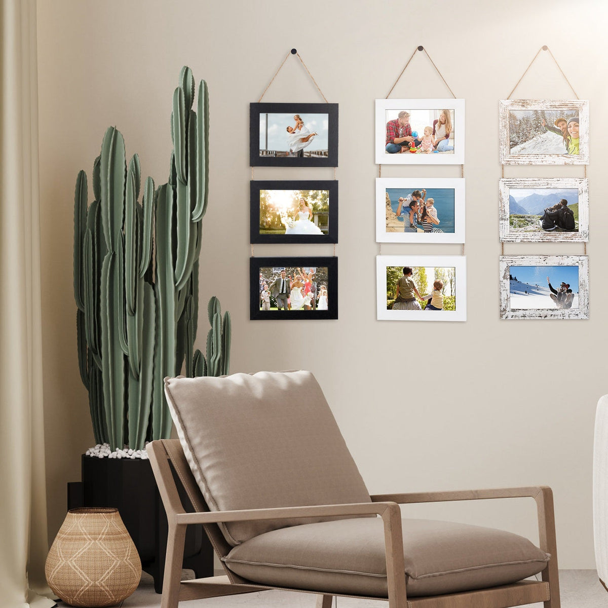 4x6IN Wall Hanging Picture Collage Frame 3-Opening Wall Decor Without Mat Rustic Style Wood Photo Frame Display
