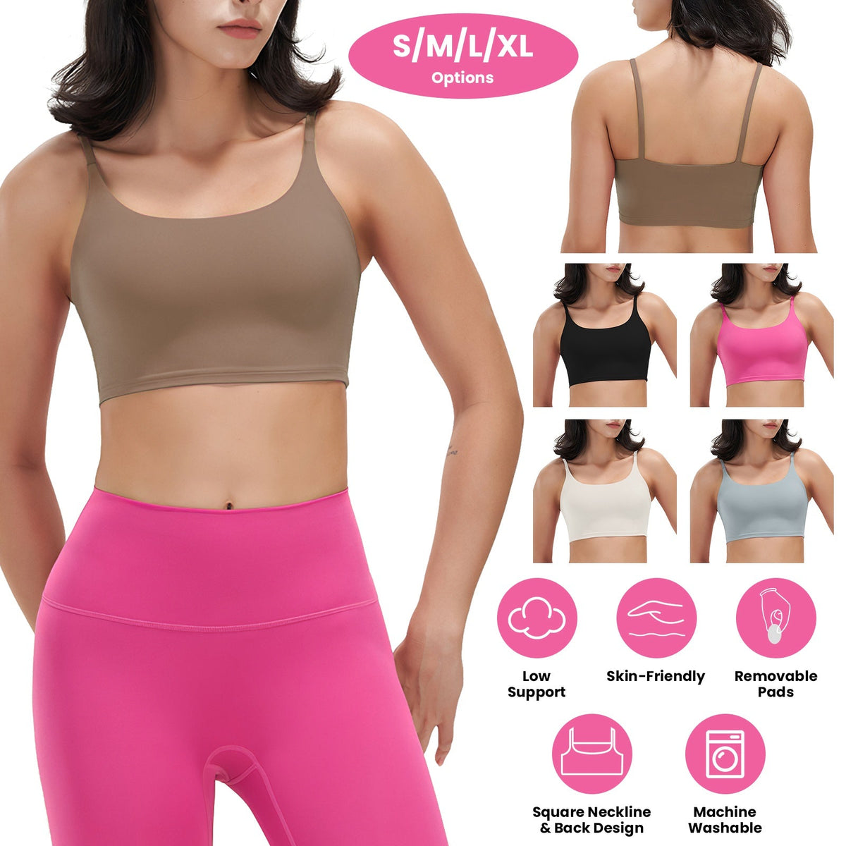 Women Strap Sport Bras Padded StrappyÊCrop Square Neck Low Impact Bras SexyÊFitnessÊTank Tops with Removable Pads Flat Straps for Gym Yoga Workout Run