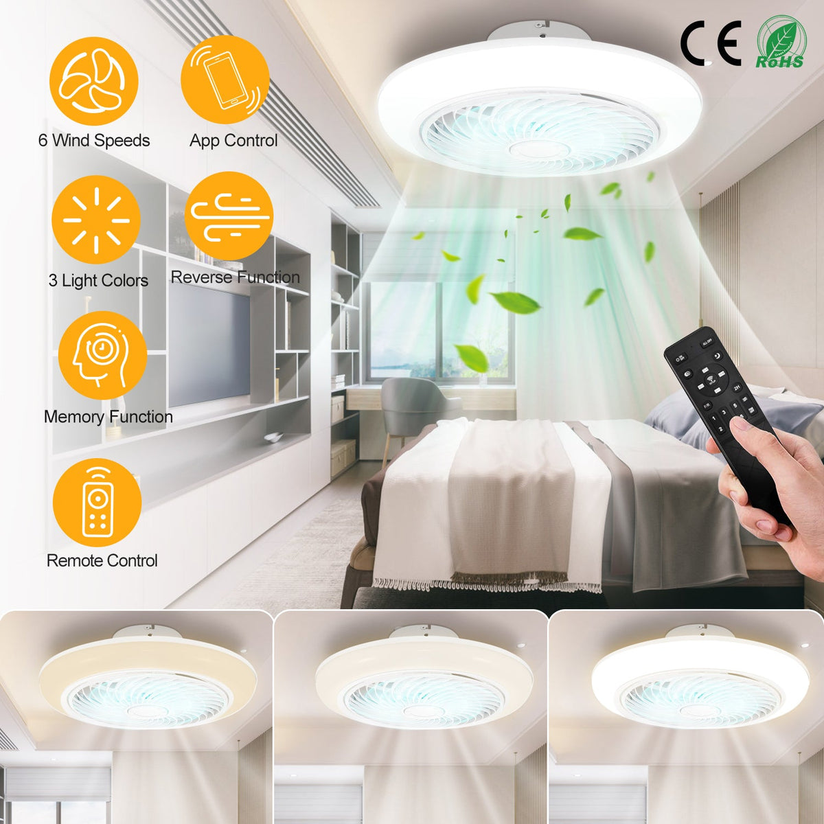 17.71in LED Ceiling Fan with Light Round Pendant Fan Lamp Low Profile Fan Light with 6 Fan Speed 3 Colors Remote Control APP Control Timer Function