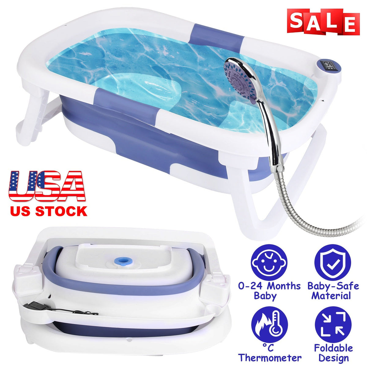 Baby Bath Tub with Thermometer Collapsible Travel-Friendly 0-24Months Baby Bathtub with Drain Hole For Newborn Infant Toddler Odorless Non-Toxic Folda