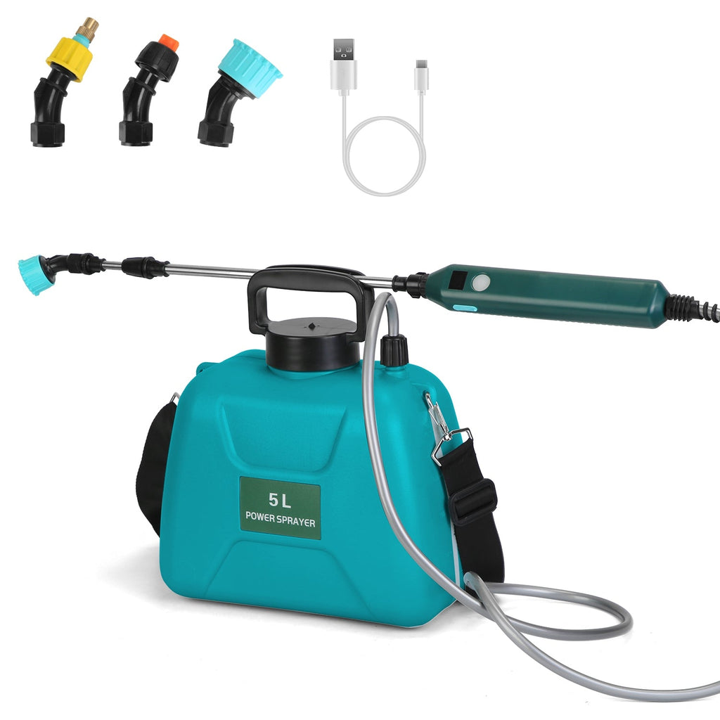 5L/1.32Gallon Battery Operated Water Sprayer Portable Garden Sprayer Electric Sprayer with Rechargeable Handle Telescopic Wand 3 Spray Nozzles Shoulde