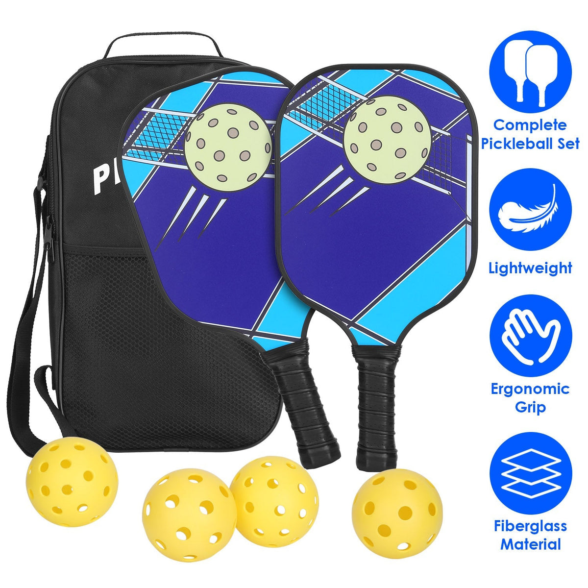Pickleball Set 2 Fiberglass Paddles 4 Outdoor Indoor Balls Portable Carry Bag 2 Cooling Towel Lightweight Ergonomic Grip for Beginners Pros