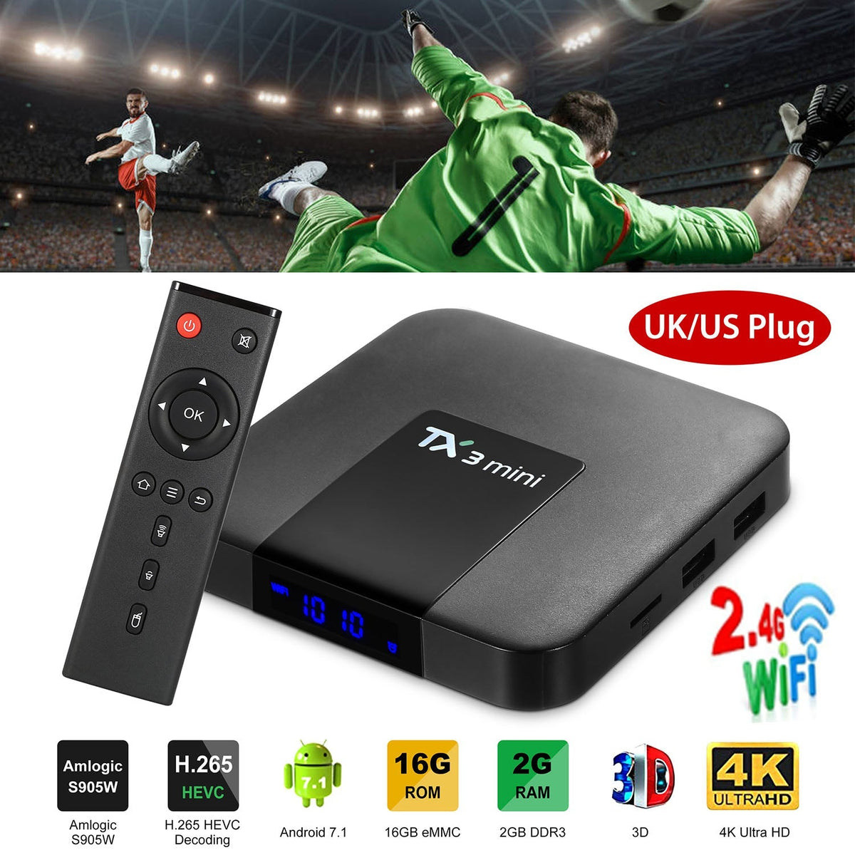 Android 7.1 TV Box S905W Quad-core Arm Cortex-A53 Set Top Box 2GB / 16GB UHD 4K H.265 WiFi Smart Streaming Media Player US UK Plug