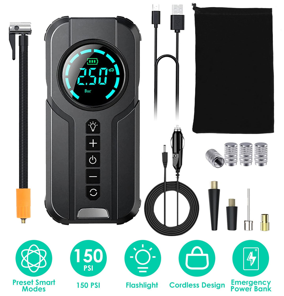 Car Tire Inflator Pump Portable Car Air Compressor Wireless Electric Air Pump 150 PSI with LED Light