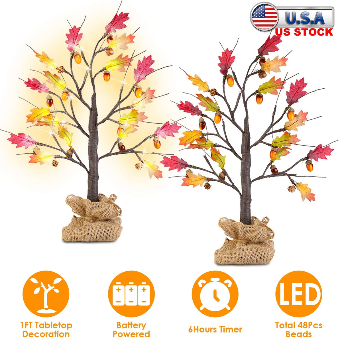 2Pcs 2FT Artificial Lighted Maple Tree With 24Pcs Warm White LED Beads 6Hrs Timer Battery Powered Artificial Fall Tree Tabletop Indoor Outdoor Fall De