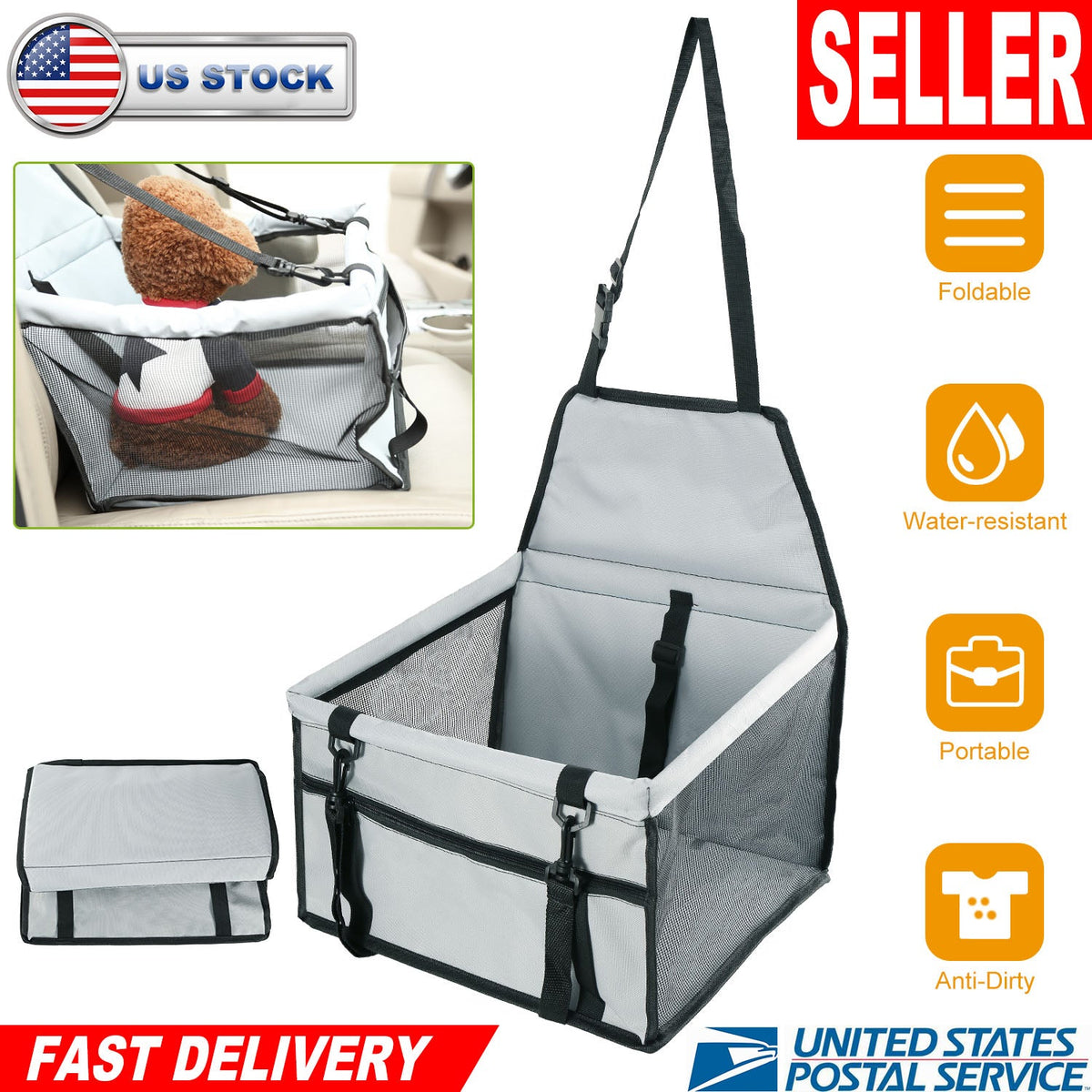 Dog Booster Car Seat Foldable Dog Booster Seat Pet Travel Carrier w/ Clip-on Safety Leash Zipper Storage Pocket for Small Medium Pets Up to 20Lbs