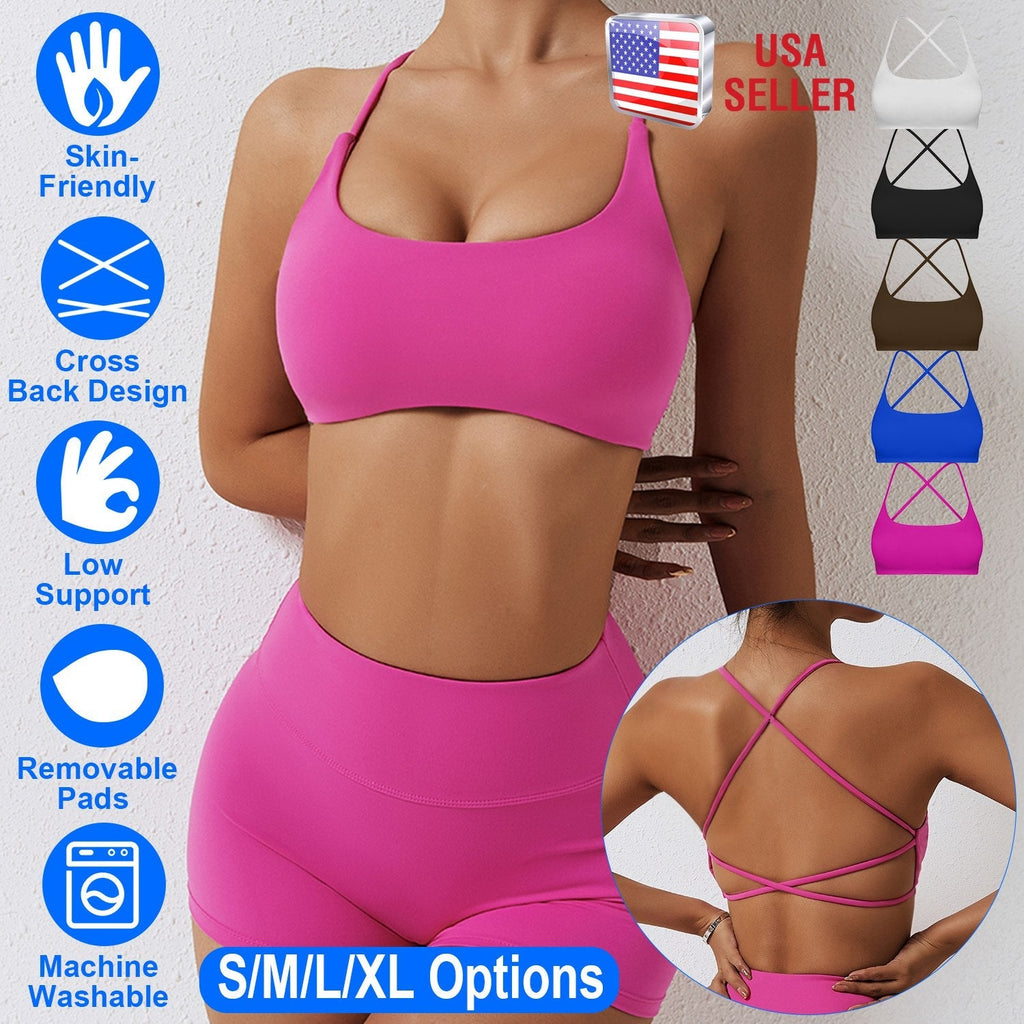 Women Cross Back Sport Bras Padded StrappyÊCrop Open Back Low Impact Bras SexyÊFitnessÊTank Tops with Removable Pads Thin Straps for Gym Yoga Workout