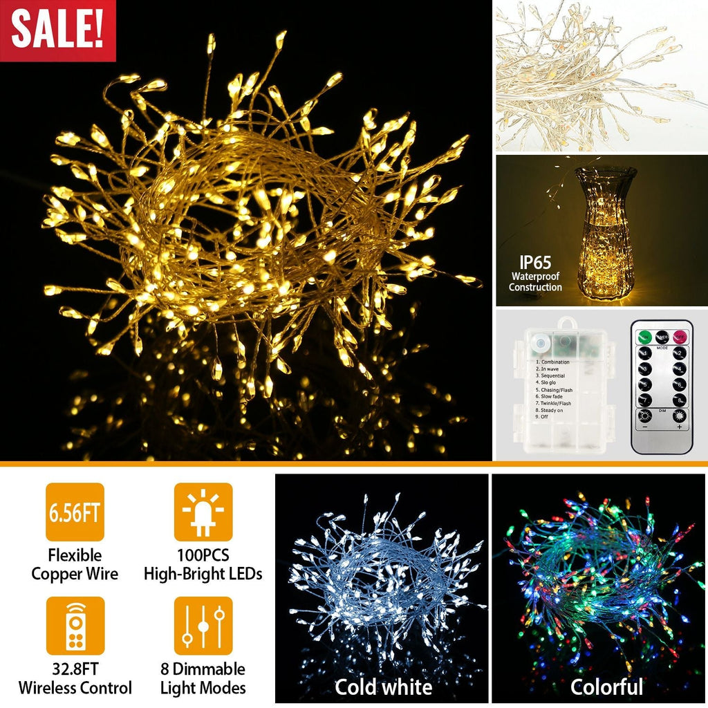 2M 100 LED Fairy String Lights Copper Wire w/Remote Control Party Xmas Decore Lights