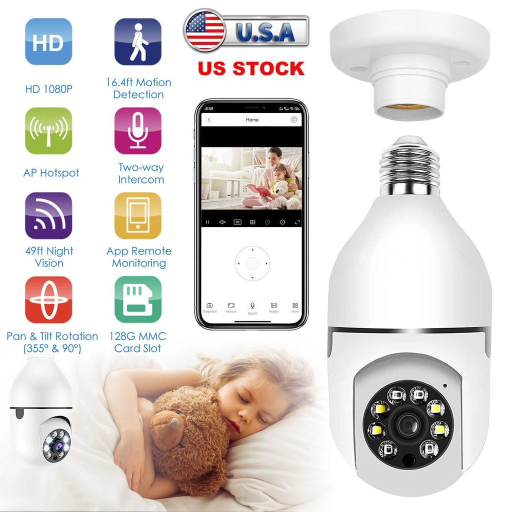 E27 WiFi Bulb Camera 1080P FHD WiFi IP Pan Tilt Security Surveillance Camera with Two-Way Audio Night Vision Motion Detection Function APP Control
