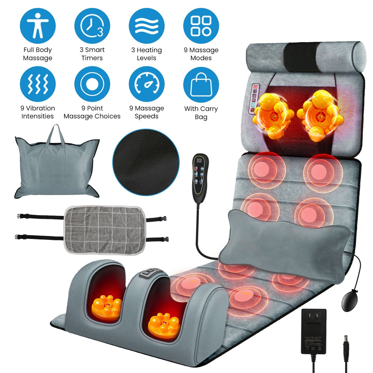 Full Body Electric Massage Mat Heating Vibration Massage Pad Cushion Back Massage Mattress Chair Pad with Neck Foot Massage Head Pillow and Cloth Lumb