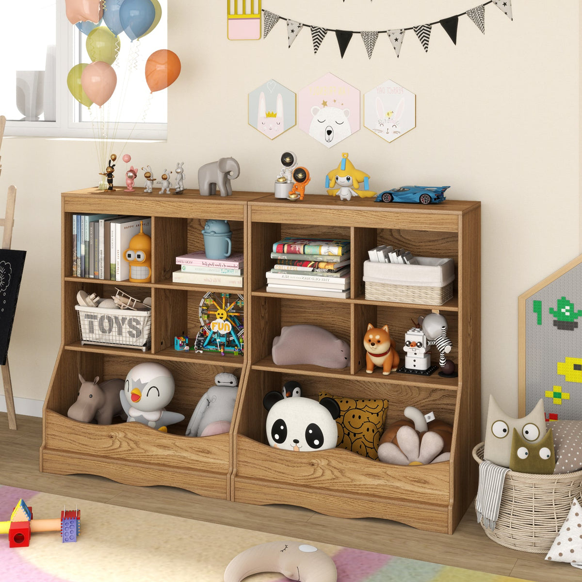3-Tier Children's Multi-Functional Bookcase Toy Storage Bin Floor Cabinet-Natural