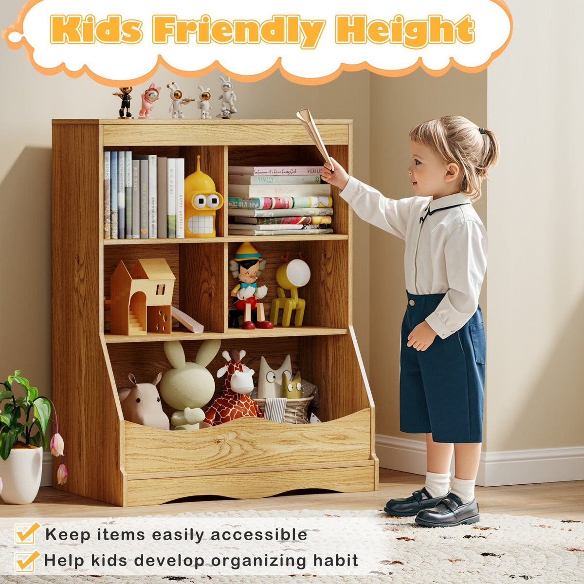 3-Tier Children's Multi-Functional Bookcase Toy Storage Bin Floor Cabinet-Natural